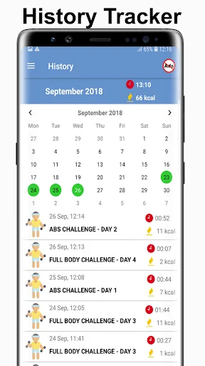 History tracker calendar for September 2018 showing completed workouts as colored dots with challenge workout logs