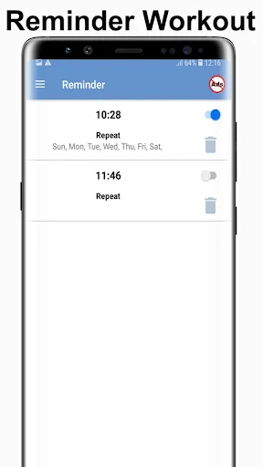 Workout reminder settings interface allowing users to set daily notification times for fitness sessions