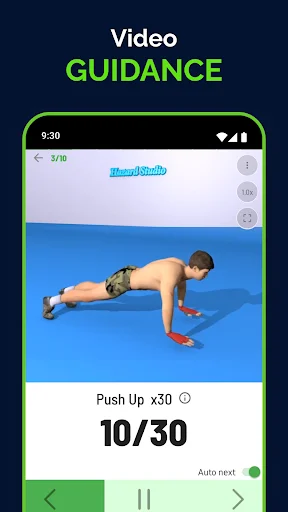 Video guidance screen displaying 3D animated push-up exercise with 10 of 30 reps counter and auto-next feature