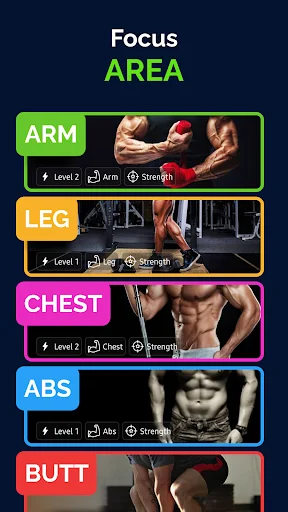 Focus area selection showing five body workout zones: Arm, Leg, Chest, Abs, and Butt with difficulty levels and strength indicators
