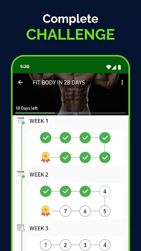 Complete 28-day fitness challenge timeline showing Week 1, 2, and 3 progress with daily checkmarks and task indicators