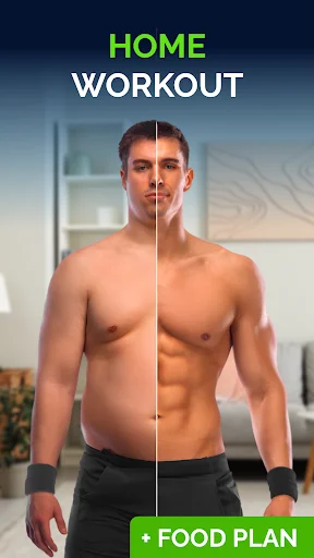 Home workout transformation before-and-after split image with Food Plan button for comprehensive fitness program