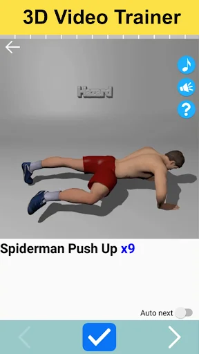 3D video trainer animation displaying Spiderman Push Up exercise x9 with auto-next button and control options