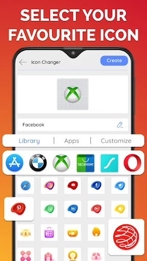 Custom icon selection interface displaying trending app icons from library with create and preview features