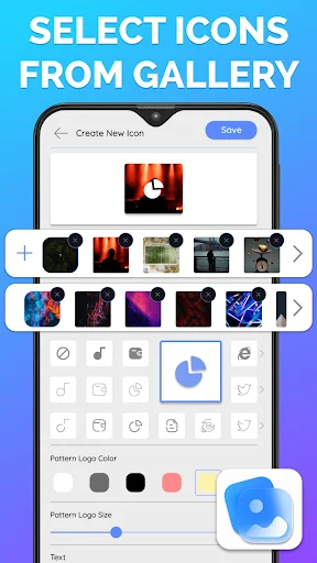 Icon gallery creation tool with image upload carousel, pattern colors, sizing, and text customization options