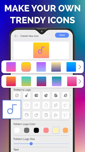 Trendy icon maker with gradient color palettes, pattern customization, adjustable sizing, and text editor