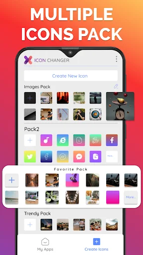 Multiple icon pack browser showing curated collections including images, favorites, and trendy icon packs