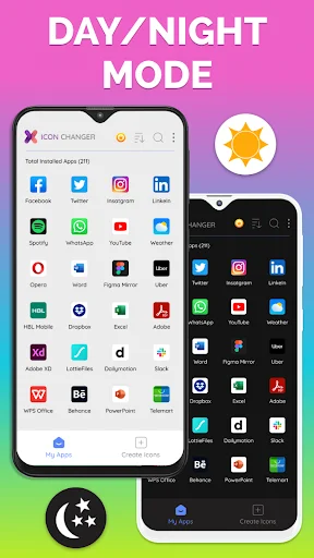 Day and night mode theme toggle for app icon editor demonstrating light and dark icon customization themes