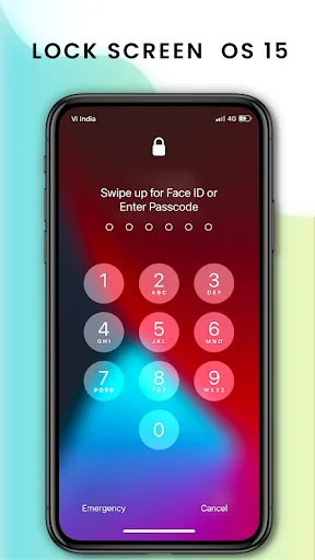 iLock Screen iOS 15 lock screen with numeric keypad for passcode entry, Face ID swipe instruction, and Emergency/Cancel buttons
