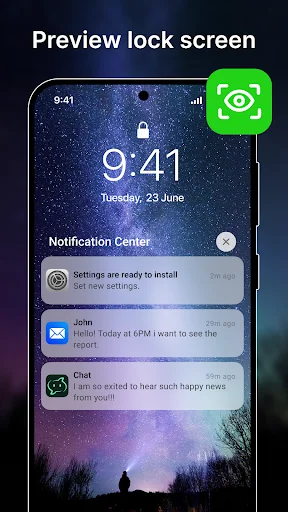 iLock Screen preview mode showing starry night sky lock screen theme with time display, notification center, and eye icon preview button