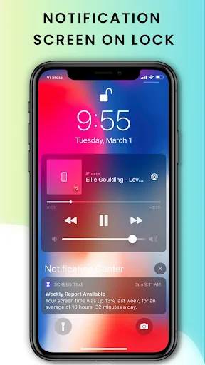 iLock Screen notification display on lock with time, music player controls, notification center, and message previews