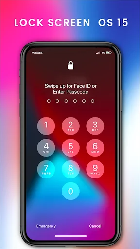 iLock Screen OS 15 custom lock screen featuring gradient background, numeric keypad for password entry, and unlock options