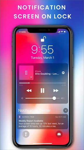 iLock Screen notification center on lock showing time 9:55, music player, app notifications with email and alert messages