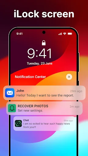 iLock Screen home lock screen displaying time 9:41 with colorful notification center showing emails, photos recovery, and chat messages