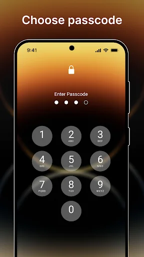 iLock Screen passcode setup interface with numeric keypad 1-9, password entry dots, and gradient background customization