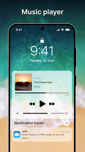 iLock Screen music player widget on lock screen with song controls, album artwork, playback progress, and notification center
