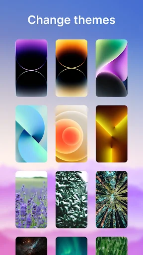 iLock Screen theme selection interface showing 12 customizable lock screen design templates with various gradient color options