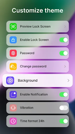 iLock Screen settings menu with customization options including lock preview, password protection, notifications, vibration, and time format
