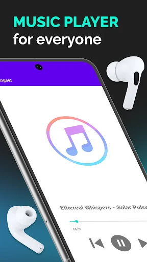 Music Player app promotional screen featuring earbuds, phone with music note icon, and tagline for everyone