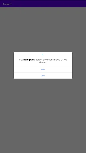 Permission request dialog prompting user to allow iSangeet access to device photos and media files