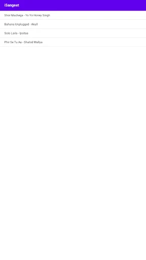 iSangeet music app playlist screen showing multiple songs including Bani Raagini, Behna Unplugged, and more