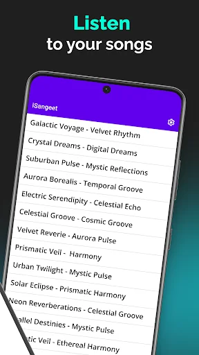 iSangeet playlist screen showing list of songs including Galactic Voyage, Crystal Dreams, and Aurora Borealis