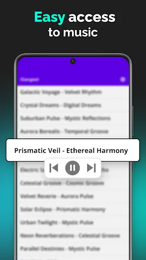 Music player now playing screen displaying Prismatic Veil song with pause button and progress bar controls