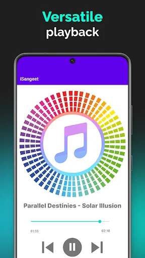 Music player with colorful circular equalizer visualization displaying Parallel Destinies song playback