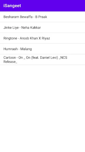 iSangeet music app playlist list showing songs including Besharam Bewaffa, Jinke Liye, and Ringtone tracks