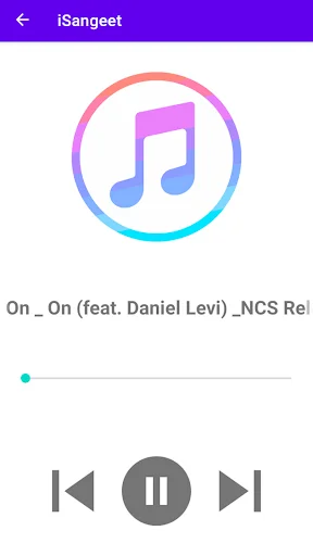 Music player now playing screen for On_On song with back forward pause buttons and progress timeline