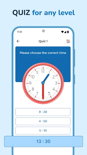 Quiz mode time-telling question with large clock face and multiple choice answer selection options
