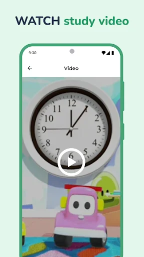 Video lesson screen featuring animated character with clock display and educational play button