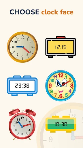 Clock face selection screen with six different analog and digital clock design options for kids