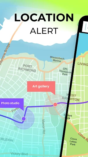 Location Alert GPS alarm app main interface showing map with saved location markers for Art gallery and Photo studio with boundaries