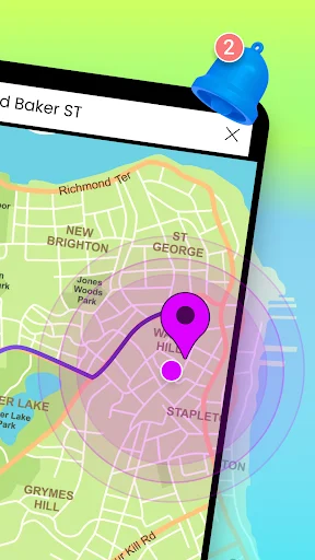 GPS alarm geofence visualization with numbered location pin and purple radius circles showing alert zones on map