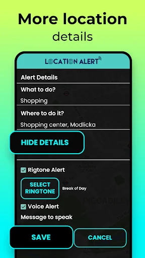 Location Alert details screen with action type, location address, ringtone selection and voice message configuration options
