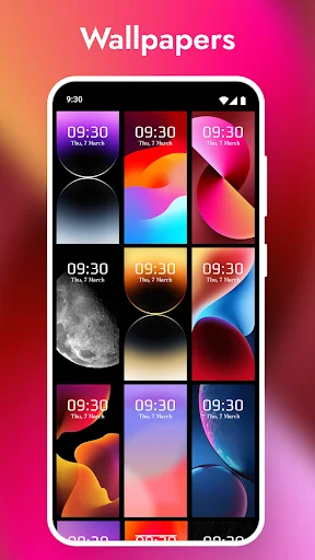 Grid gallery of 12 customizable lock screen wallpapers with gradient and abstract designs for personalization