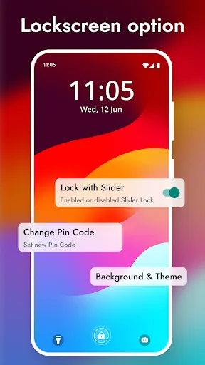 Lock screen customization menu showing Lock with Slider toggle, Change Pin Code, and Background Theme settings