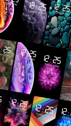Collection of diverse lock screen wallpaper themes featuring abstract art, florals, and geometric patterns
