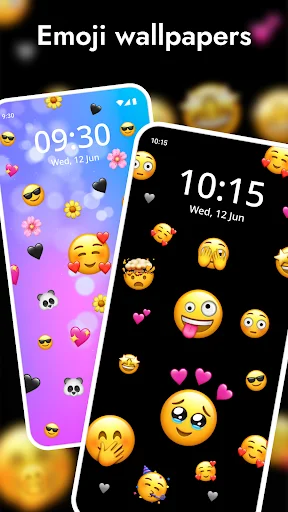 Two emoji-decorated lock screens with colorful smileys, hearts, and playful designs on vibrant backgrounds
