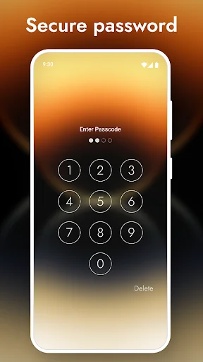Secure numeric keypad interface for lock screen password protection with 0-9 keys and delete button