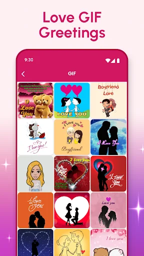 Love GIF collection grid with romantic e-card categories, couple designs, and heart animations for personalized greetings