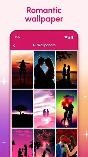Romantic wallpaper gallery with couple silhouettes at sunset and moonlight scenes for phone background customization