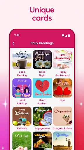 Daily greeting cards for occasions like Birthday, Anniversary, Good Morning, Engagement, and celebration e-card designs