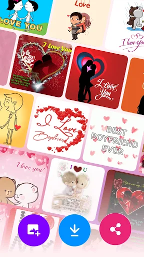 Love e-card collection with download, share, and customization buttons for sending personalized romantic messages and greetings