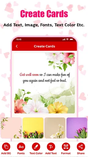 Love GIF 3D Create Cards interface allowing users to add text, images, fonts, and change colors on greeting cards with floral designs and preview options for customization