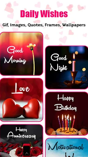 Love GIF 3D Daily Wishes collection featuring Good Morning, Good Night, Love, Happy Birthday, Happy Anniversary, and Motivational greeting images and GIFs in colorful card layouts