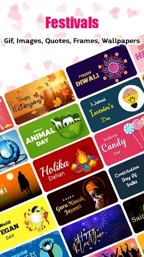 Love GIF 3D Festivals section displaying festival greetings including Diwali, Lohri, Holi, Ganesh Chaturthi, Guru Nanak Jayanti, Thanksgiving, Animal Day, and Candy Day themed GIFs and images