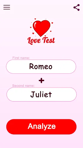 Love Test app input screen showing Romeo and Juliet names entered in two text fields with Analyze button for compatibility testing