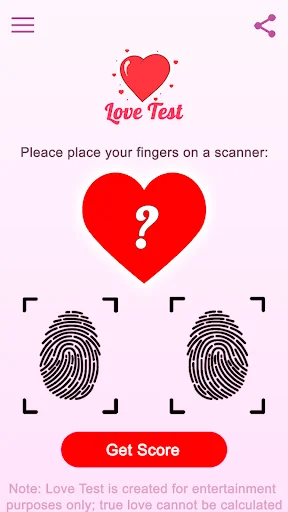 Love Test biometric scanner screen prompting users to place fingers on scanner with two fingerprint icons and Get Score button